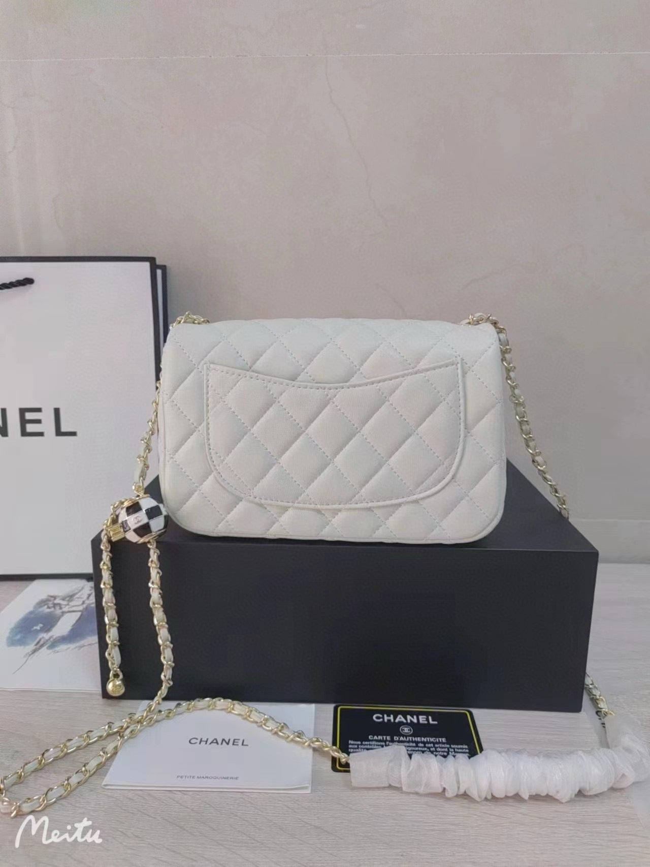 CHANEL 23C Mini Square Flap Bag Pearl Crush / Gold Ball✨