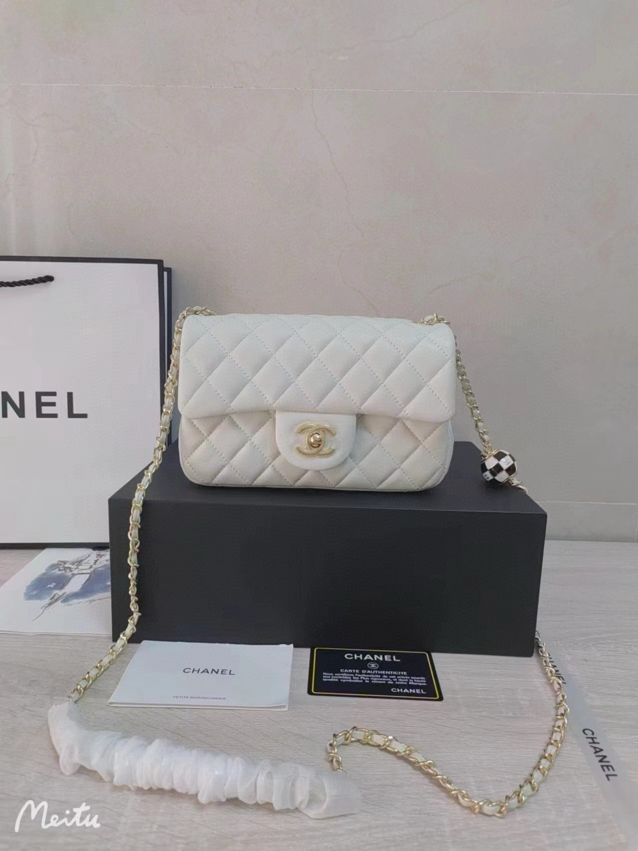 CHANEL 23C Mini Square Flap Bag Pearl Crush / Gold Ball✨