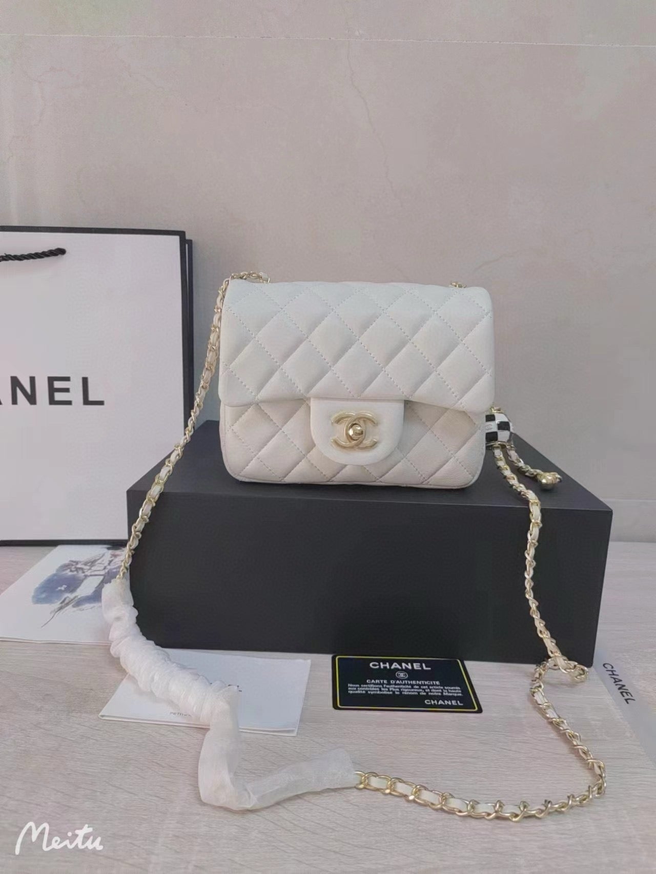 CHANEL 23C Mini Square Flap Bag Pearl Crush / Gold Ball✨
