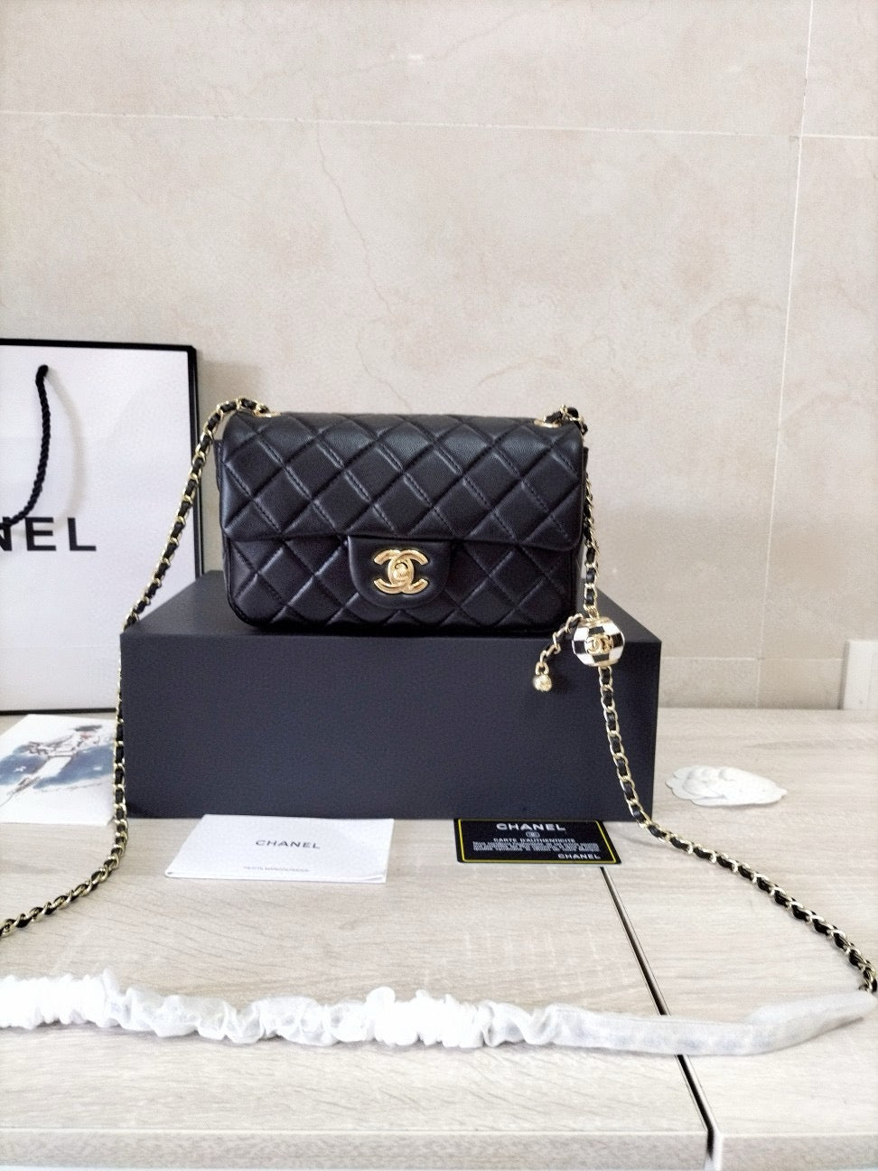 CHANEL 23C Mini Square Flap Bag Pearl Crush / Gold Ball✨