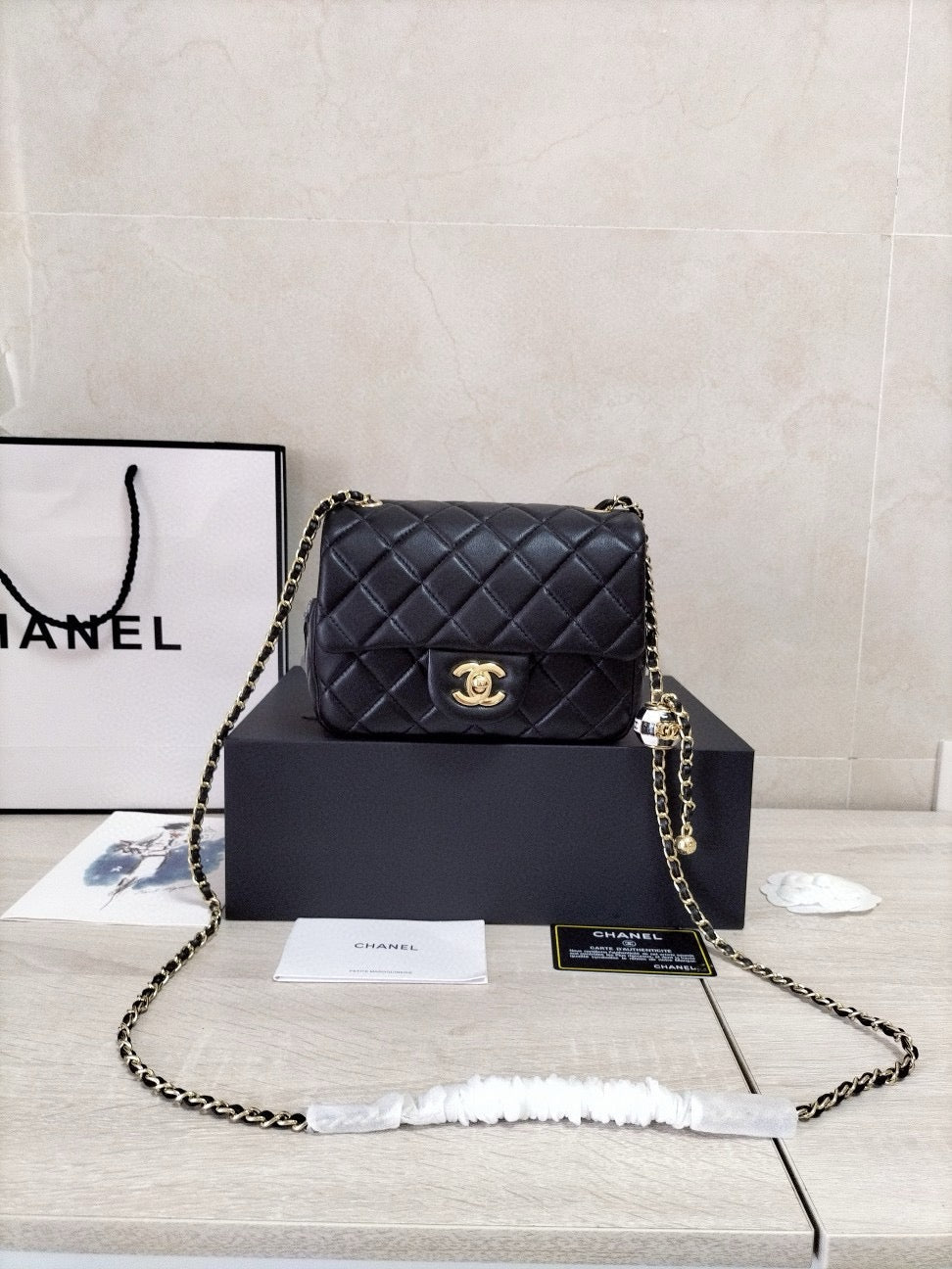 CHANEL 23C Mini Square Flap Bag Pearl Crush / Gold Ball✨